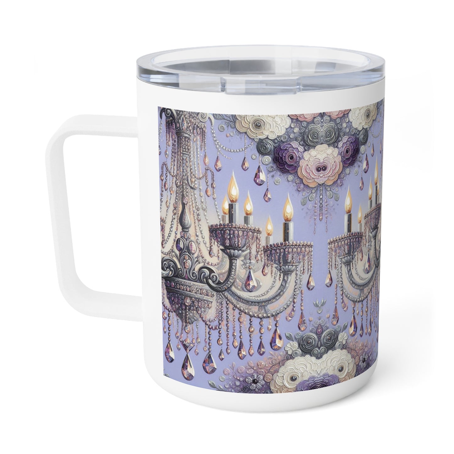 Elegant Floral Chandelier Coffee Mug, Insulated Drinkware for Home, Office, and Gifts - Lilac Jeweled Chandelier