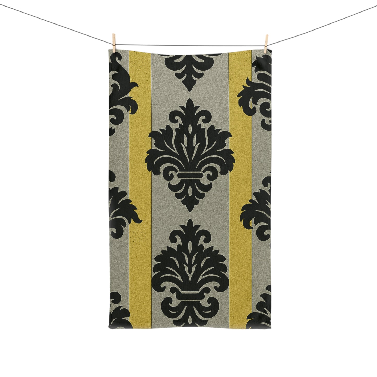 Elegant Baroque Hand Towel, Stylish Bathroom Decor, Kitchen Accessory, Gift for Housewarming, Holiday Parties - Silver & Gold Striped Black Baroque