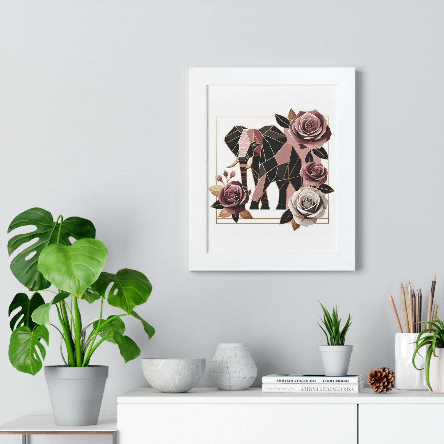 Vertical Poster - Brown & Mauve Elephant & Roses Wall Art
