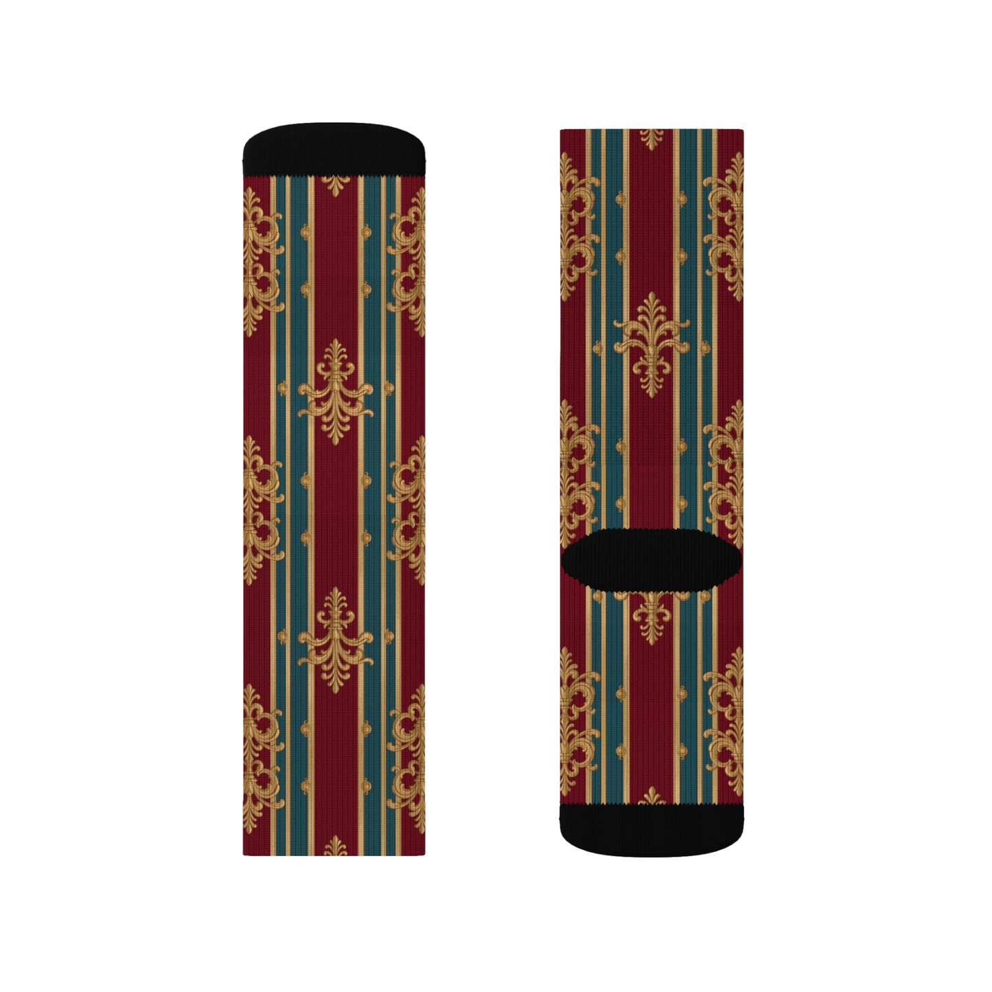 Elegant Unisex Patterned Sublimation Socks, Stylish Dress Socks, Unique Gift, Cozy Fashion Accessory - Burgundy Striped Gold Baroque
