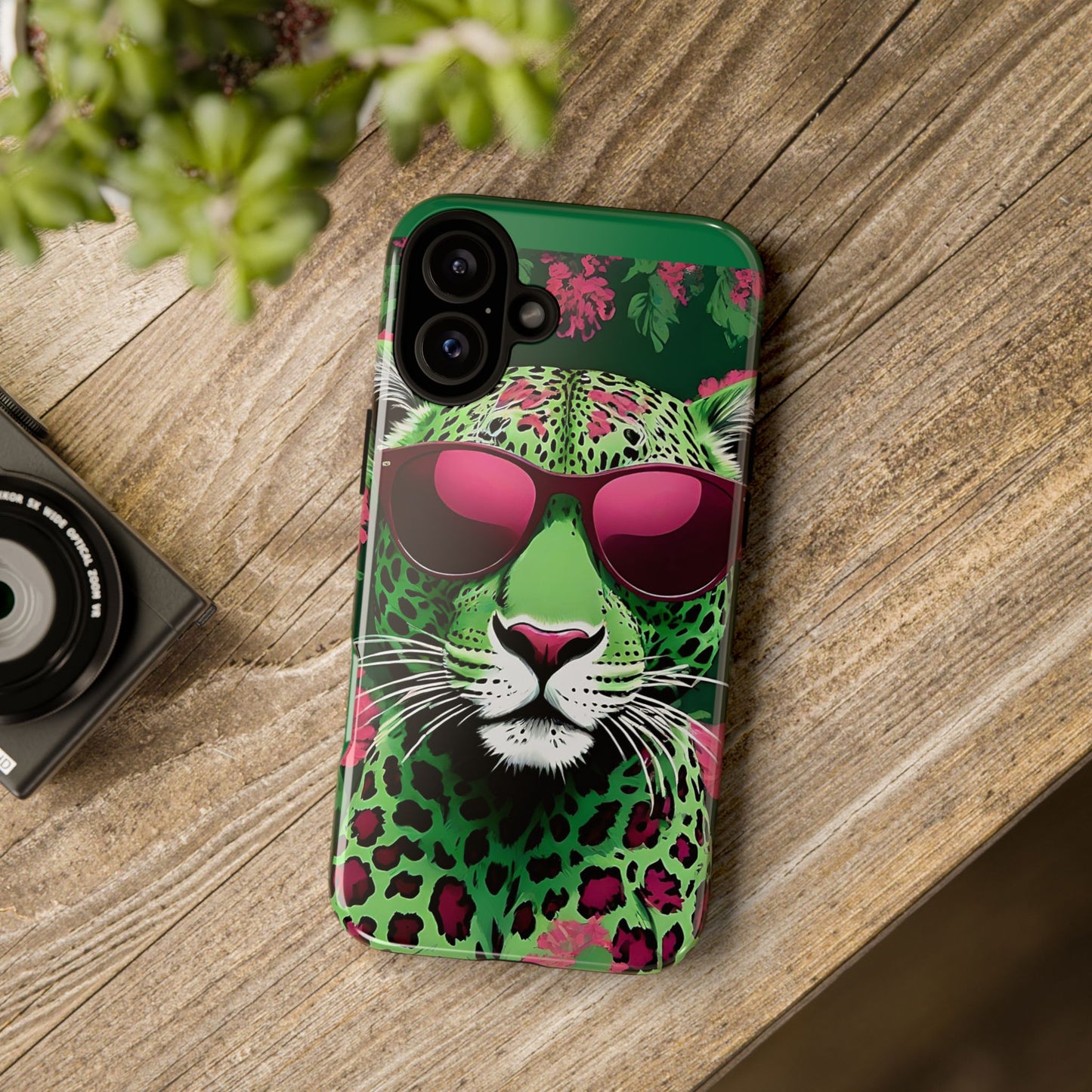 Phone Case - Lime Green & Burgundy Leopard In Sunglasses Design