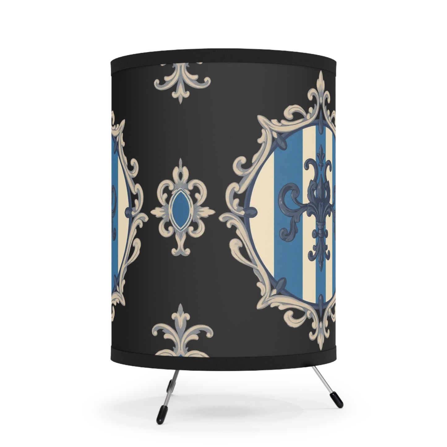 Stylish Blue & Alabaster Striped Baroque Tripod Lamp with Elegant High-Res Shade - Home Décor Light for Living Room, Bedroom, Unique Gift