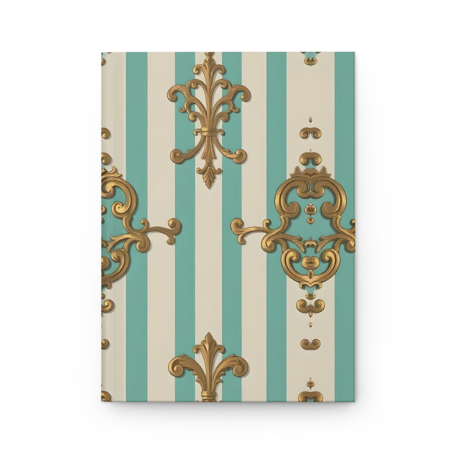 Elegant Striped Hardcover Journal - Floral Design, Vintage Style Notebook, Gift for Writers - Matte Green Striped Rococo