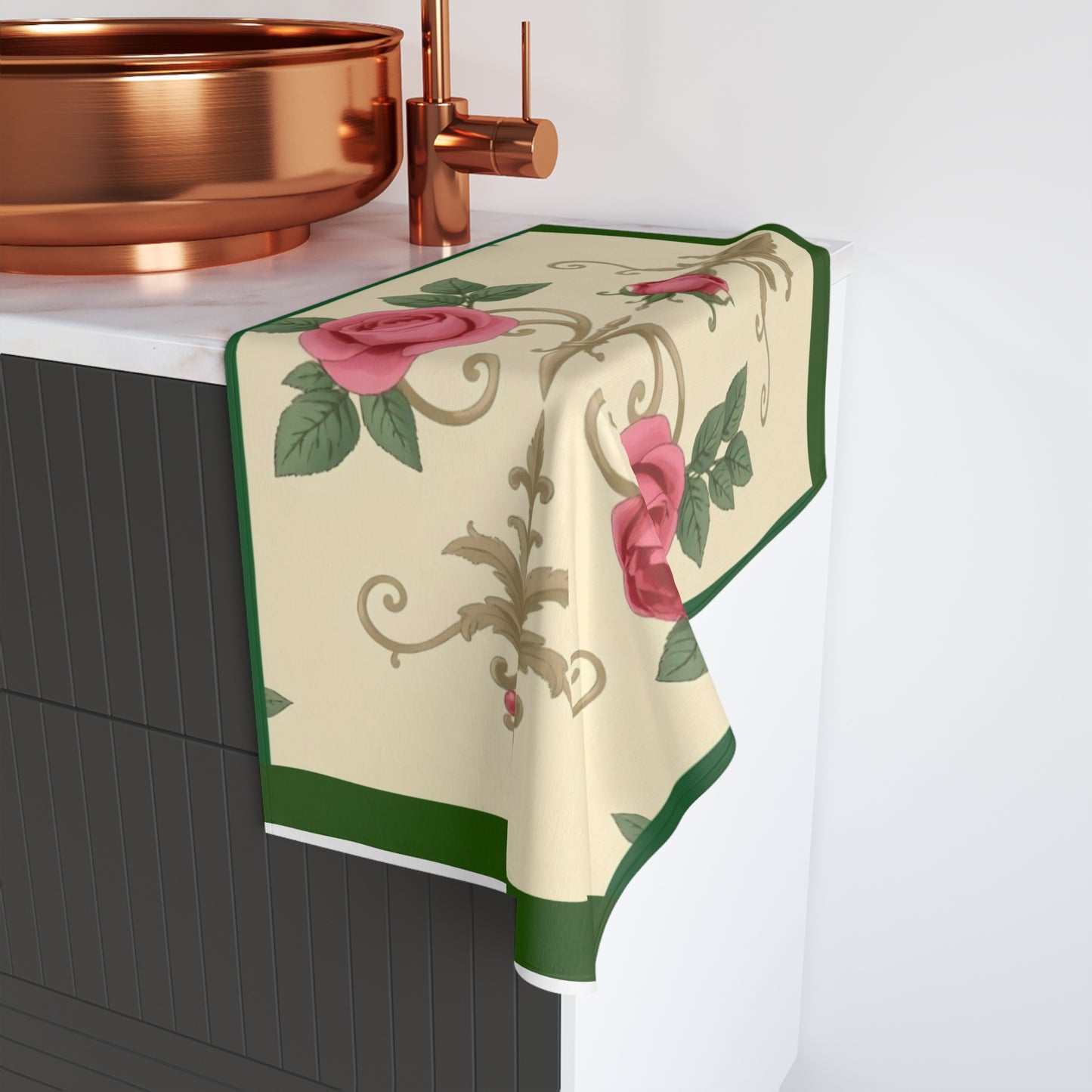 Luxurious Ornate Hand Towel - Elegant Home Décor - Green Border Roses & Damask