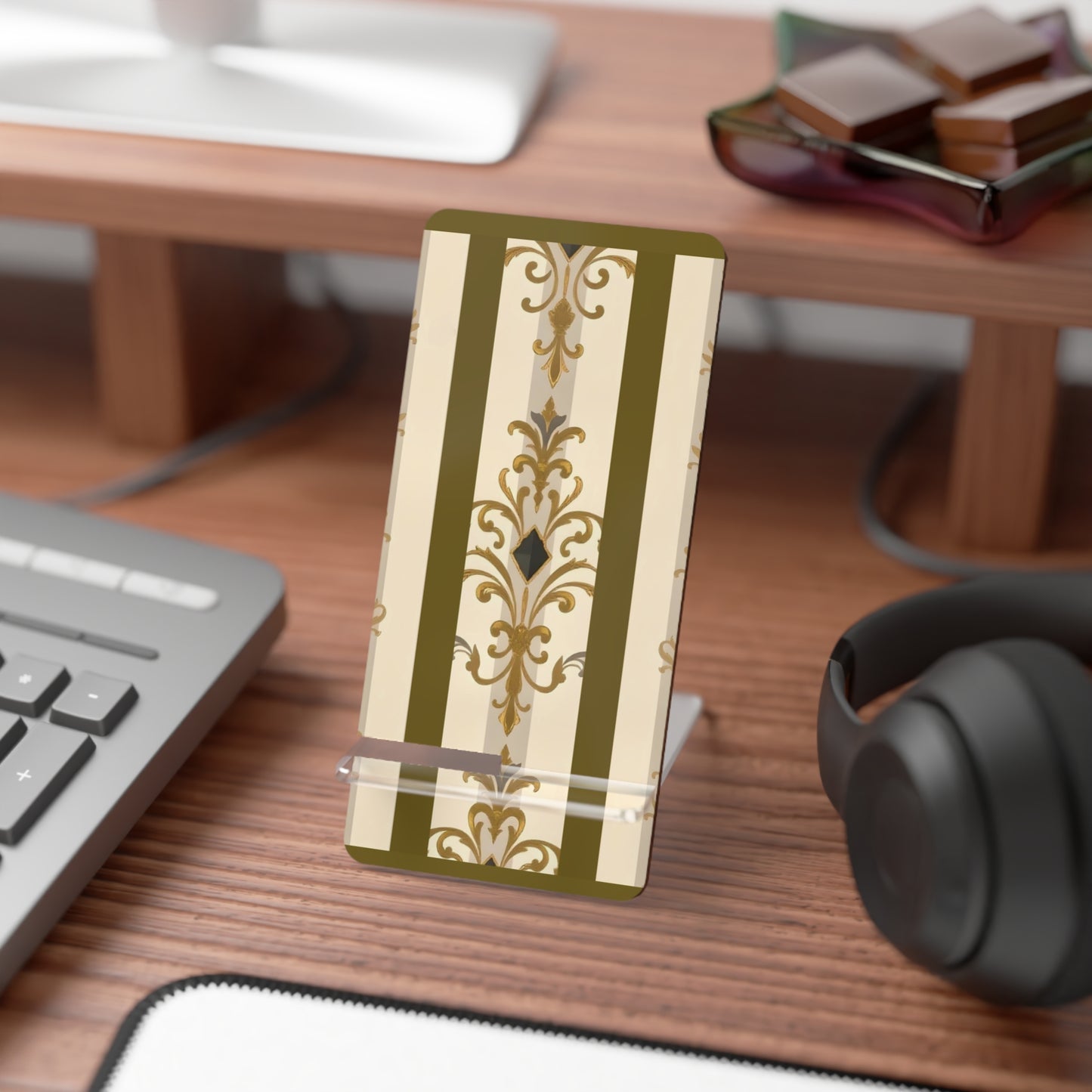 Elegant Floral Smartphone Display Stand - Olive Striped Gold Damask - Decorative Mobile Holder