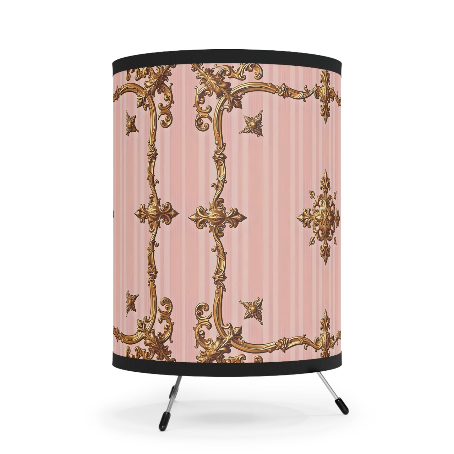 Elegant Tripod Lamp with Vintage Floral Design Shade - Pink Striped Gold Baroque