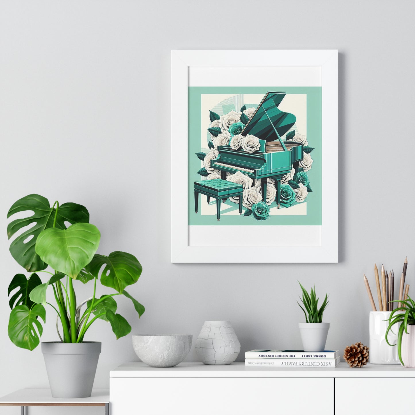 Vertical Poster - Aqua Grand Piano & Roses Wall Art