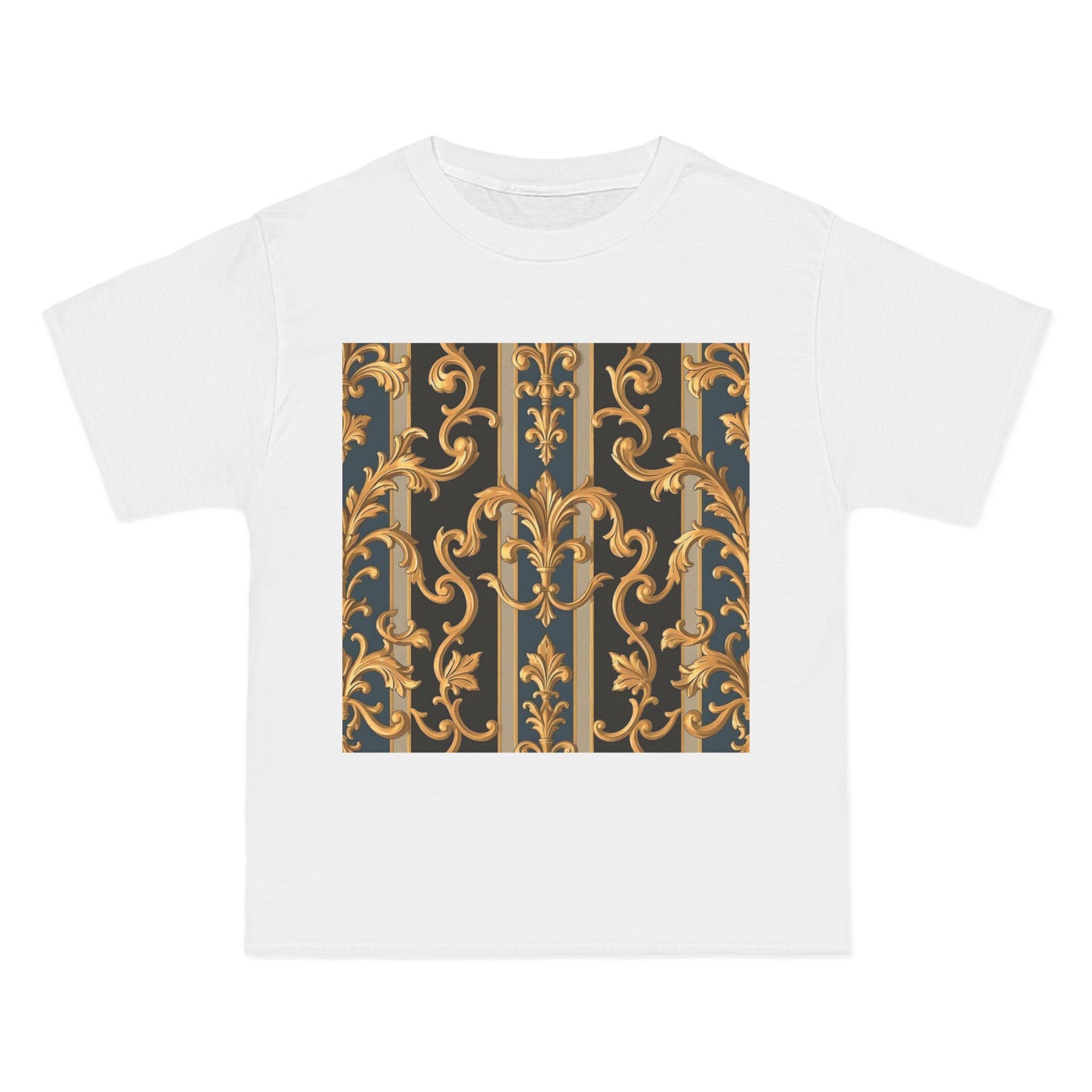 Ornate Gold Pattern Short-Sleeve T-Shirt, Stylish Casual Wear, Unique Graphic Tee - Blue & Black Striped Rococo