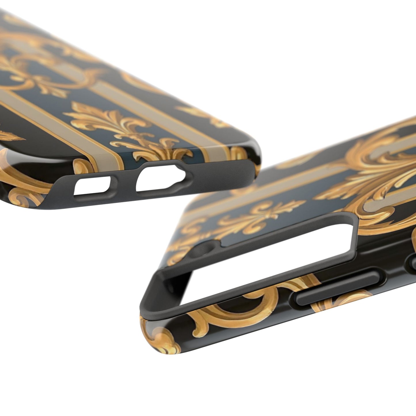 Elegant Rococo Phone Cases, Tough iPhone Case, Floral Design Case, Luxury Phone Cover - Blue & Black Striped Rococo