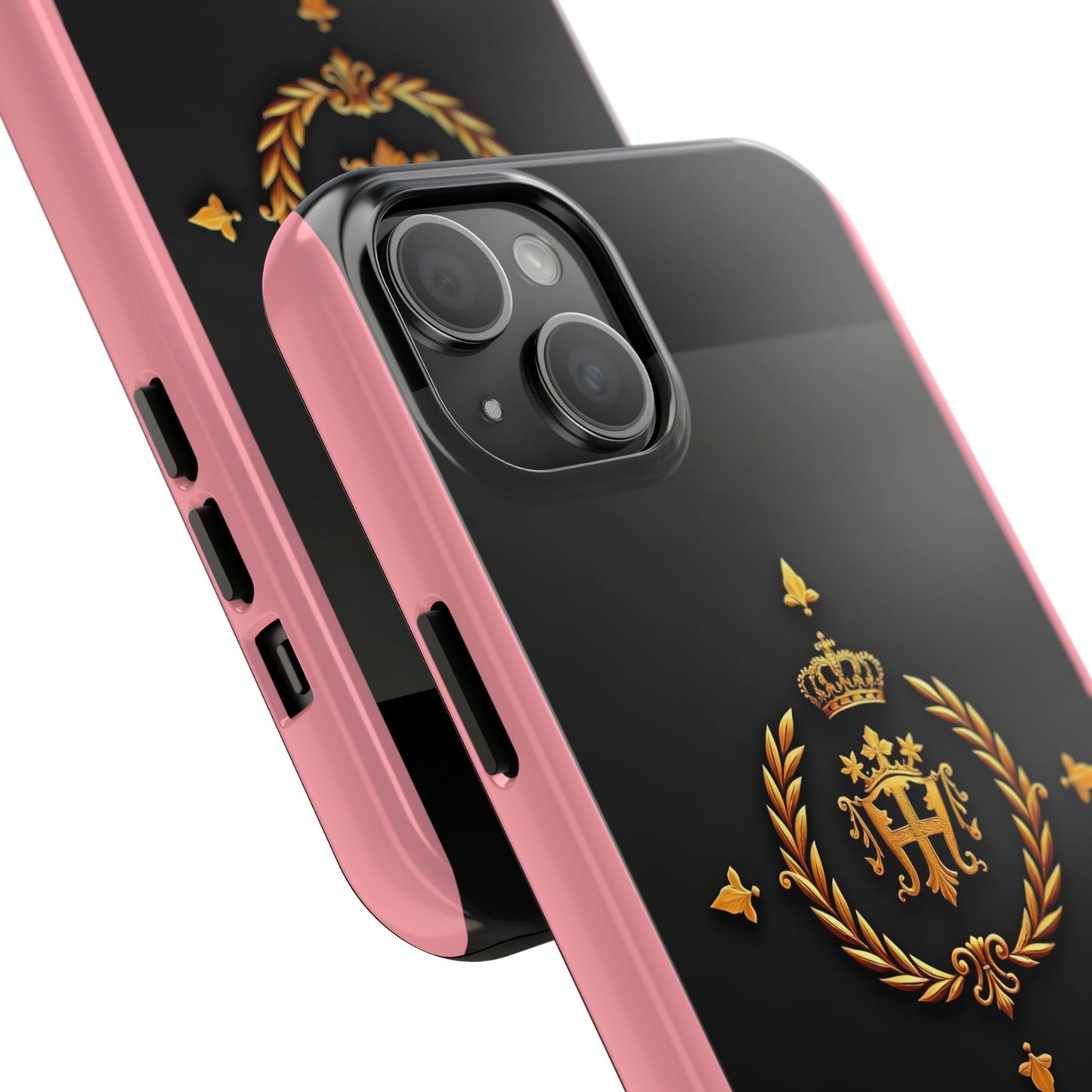 Tough Phone Case with Regal Design - Elegant Phone Protection, Gift for Him/Her, Royalty Inspired - Pink Striped Gold Crest