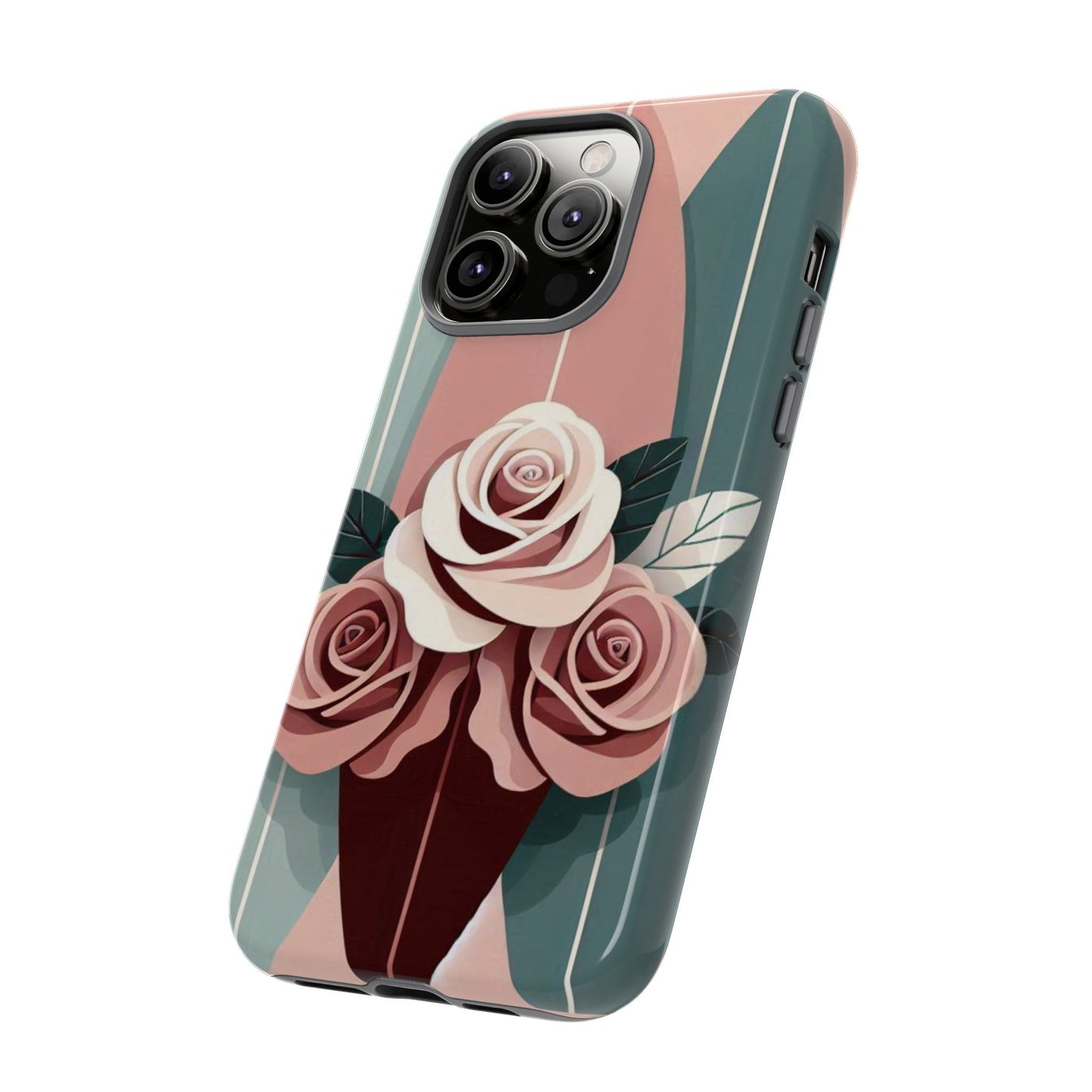 Phone Case - Burgundy, Matte Mauve & Teal Surfboard & Roses Design