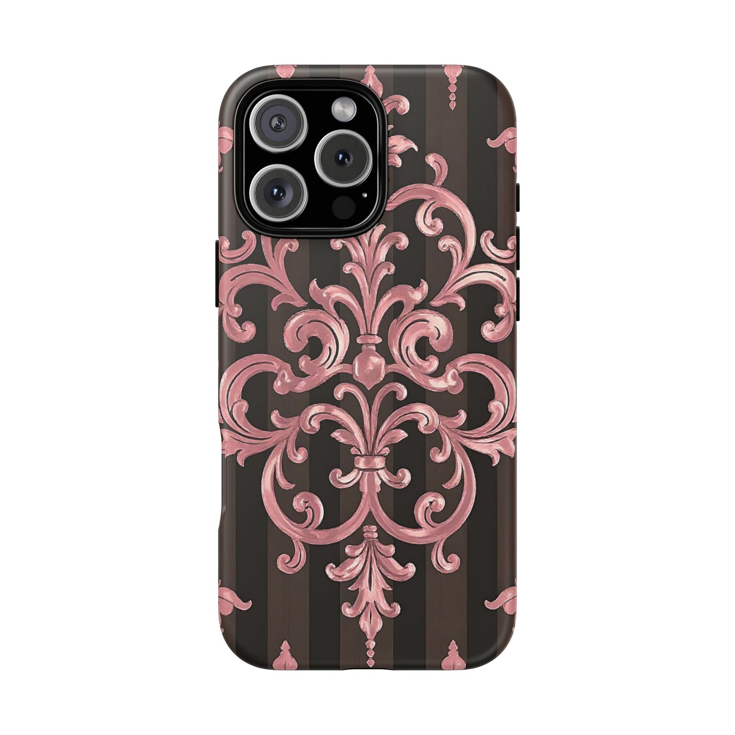 Elegant Floral Motif Phone Case - Tough Cases with Vintage Design - Brown Striped Mauve Damask