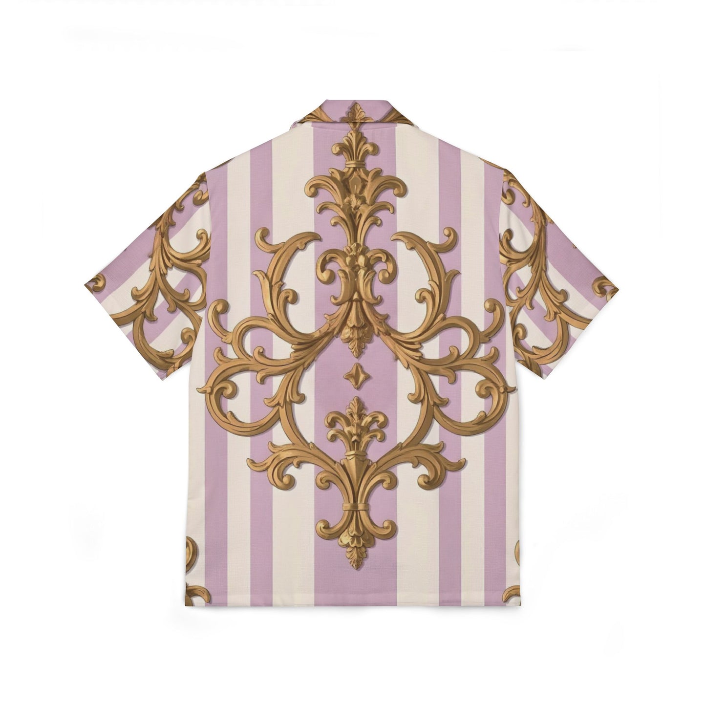 Stylish Men's Hawaiian Camp Shirt, Vacation Wear, Beach Attire, Summer Fashion, Casual Button-Up - Lilac & Alabaster Striped Gold Baroque