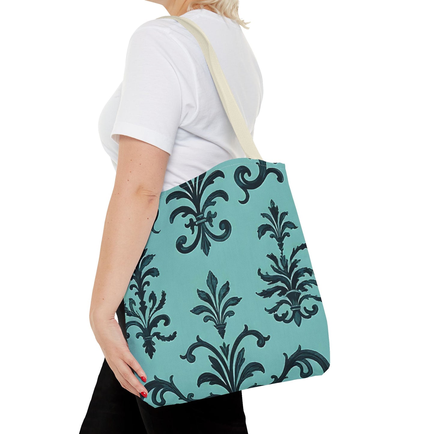 Chic Floral Tote Bag – Stylish Canvas Shopper, Gift for Her, Birthday Present, Everyday Use, Eco-Friendly, Floral Print - Teal Striped Rococo