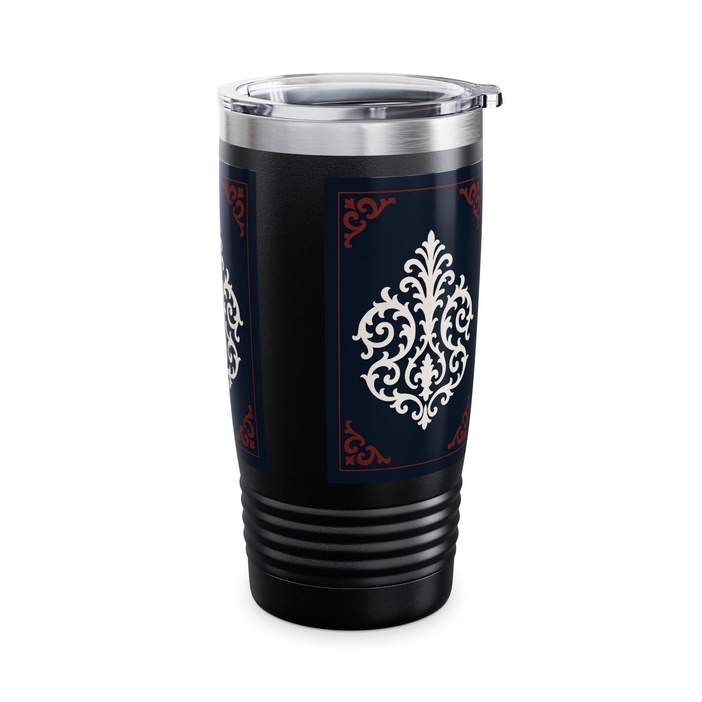 Dusk Blue-Maroon & White Baroque 20oz Ringneck Tumbler with Classic Baroque Design — Elegant Travel Mug