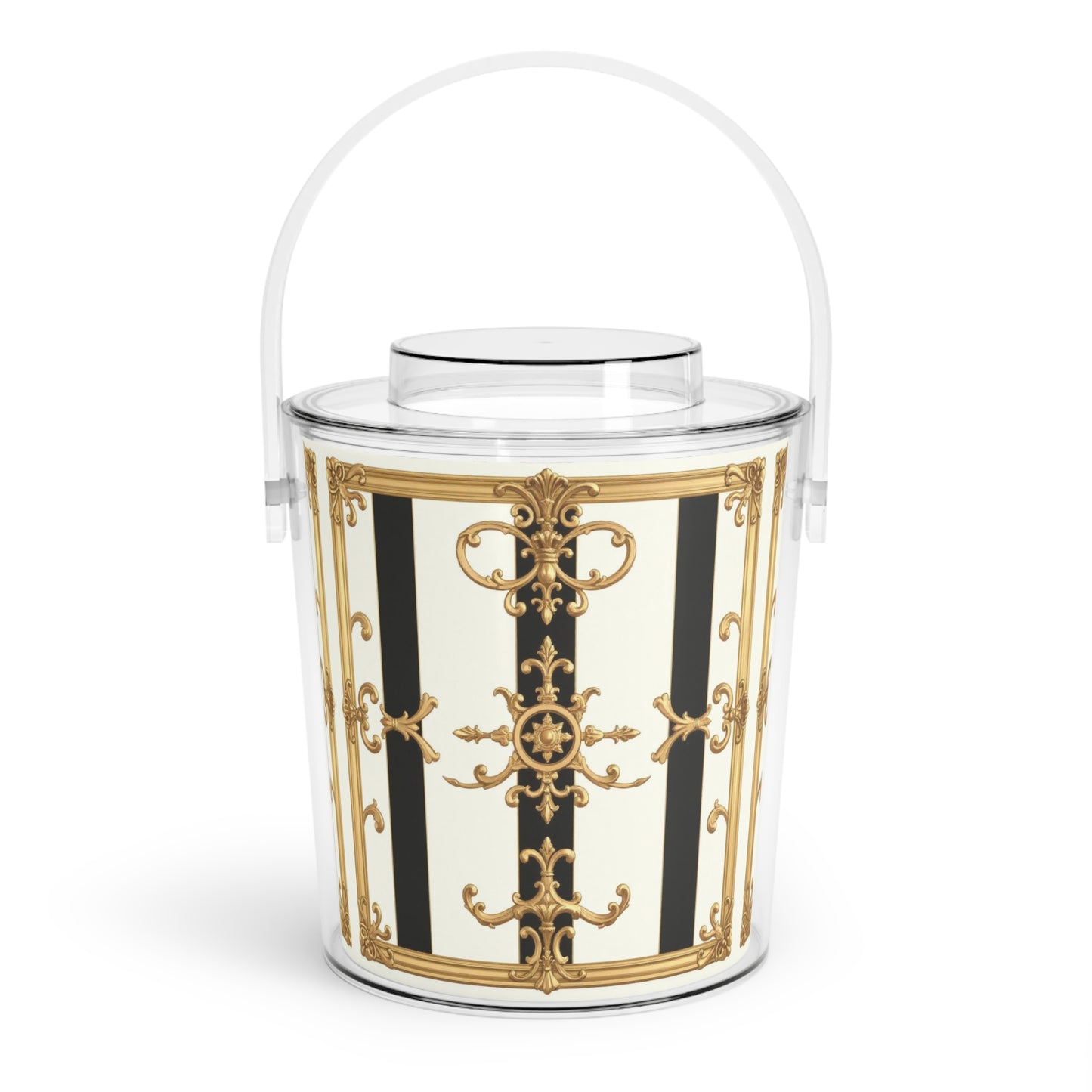 Elegant Ice Bucket for Parties, Stylish Beverage Cooler, Luxury Barware, Chic Chiller, Decorative Tongs Included - Black & White Striped Gold Baroque