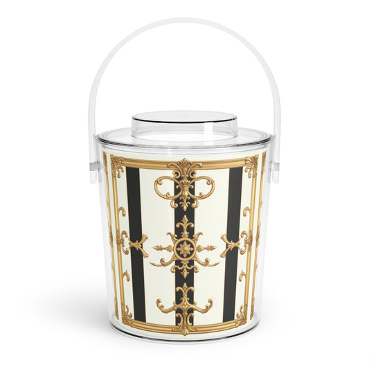Elegant Ice Bucket for Parties, Stylish Beverage Cooler, Luxury Barware, Chic Chiller, Decorative Tongs Included - Black & White Striped Gold Baroque