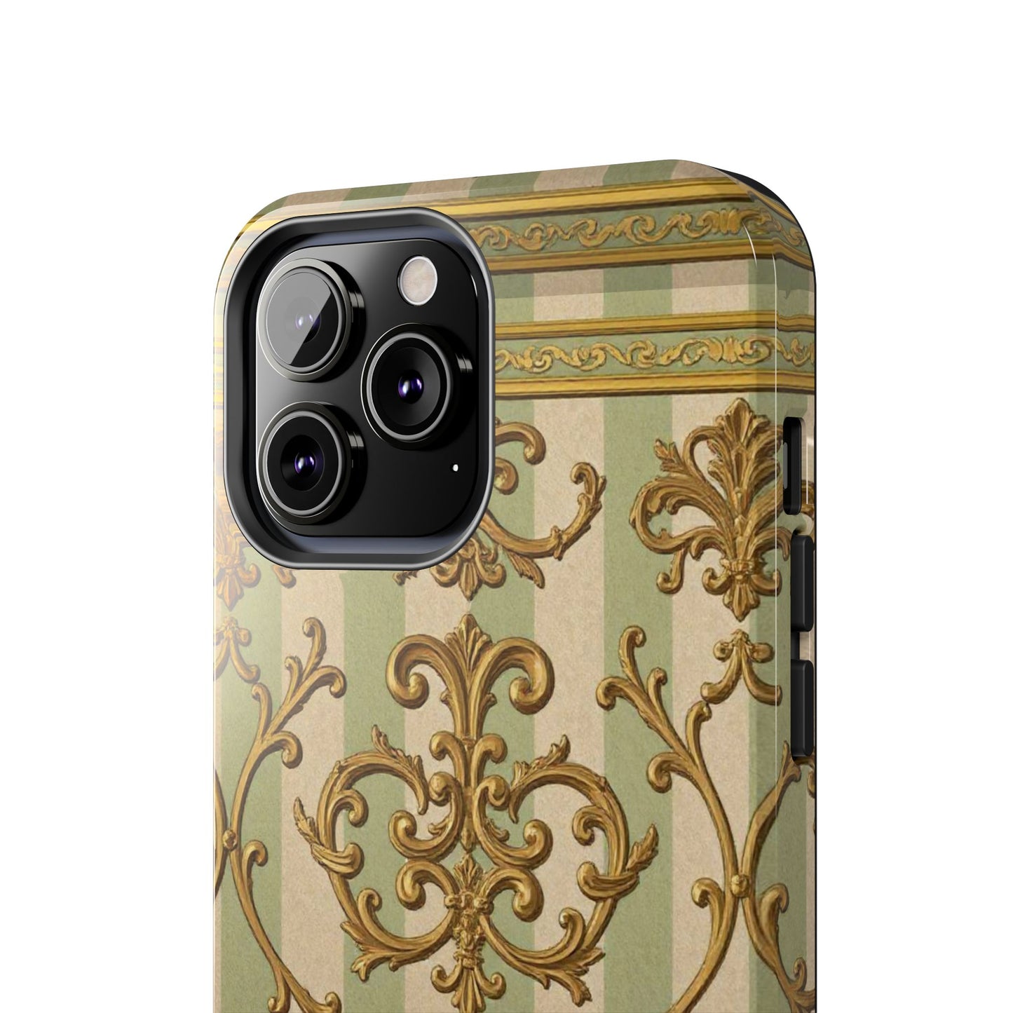 Vintage Elegance Phone Case, Tough Phone Cases for Style, Gift for Birthdays, Stylish Protection - Mint Green & Beige Striped Gold Baroque