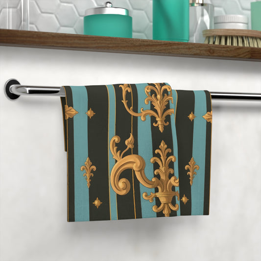 Elegant Patterned Face Towel, Luxury Bathroom Decor, Spa Gifts, Home Essentials, Stylish Towels - Black & Turquoise Striped Baroque