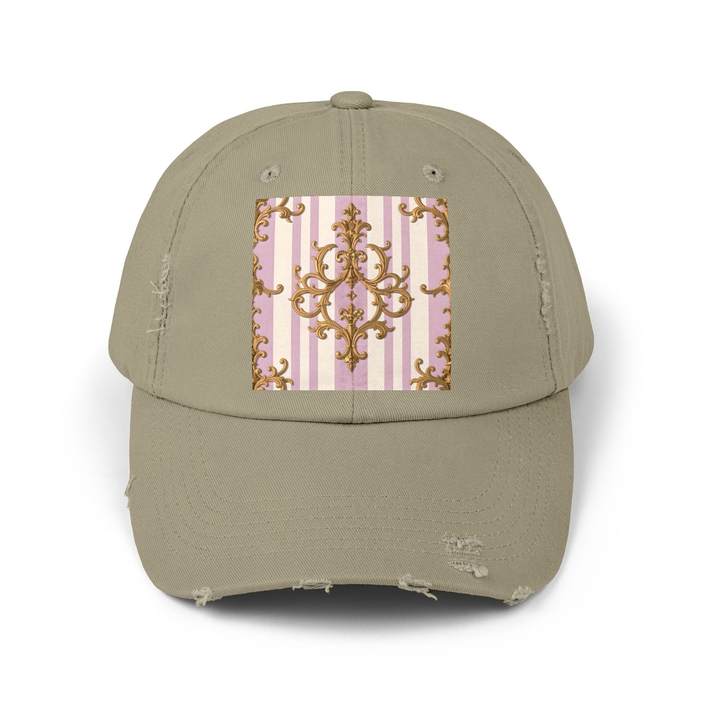 Chic Distressed Cap with Elegant Design | Trendy Accessory, Gift for Fashion Lovers, Perfect for Casual Outings - Lilac & Alabaster Striped Gold Baroque