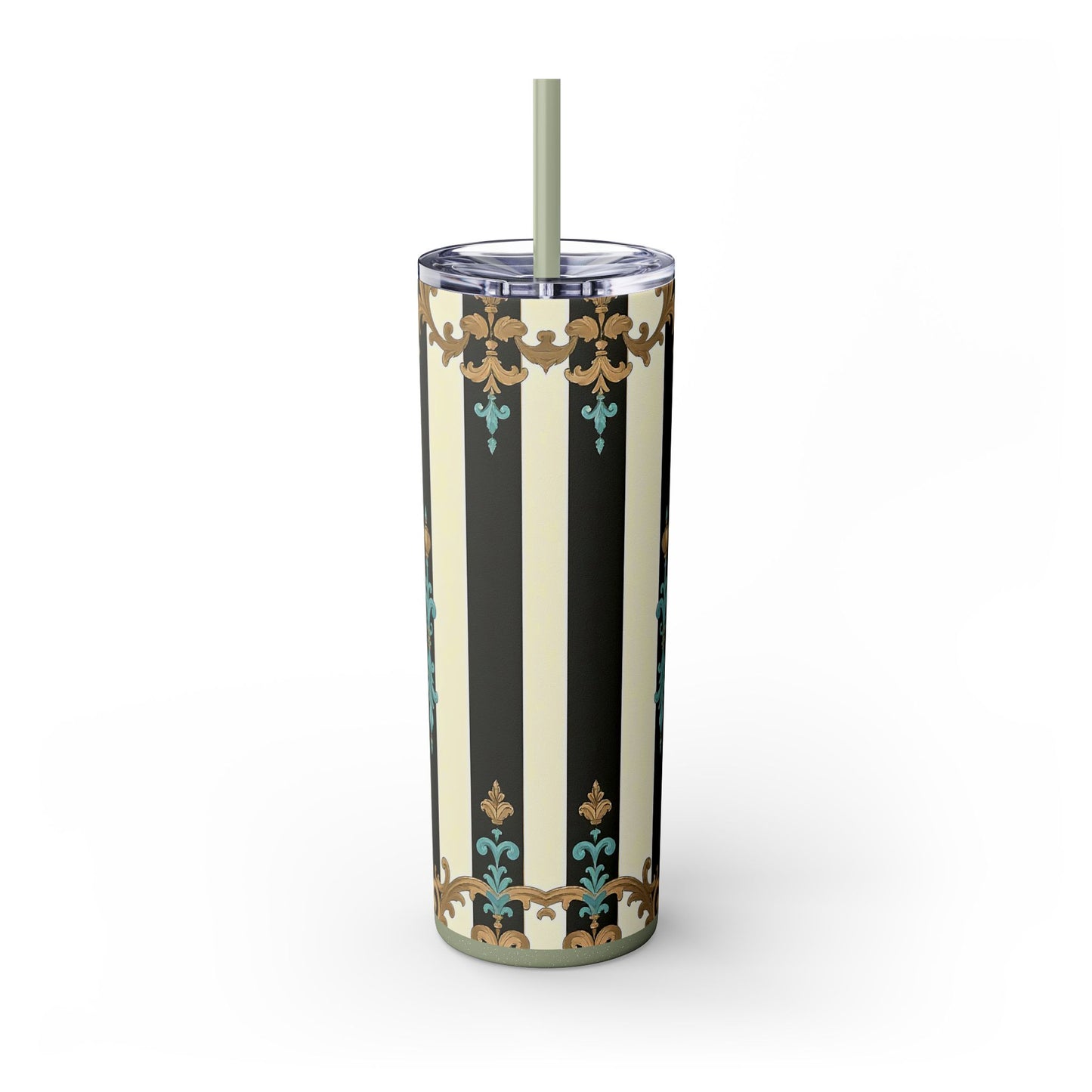 Elegant Stripe Skinny Tumbler | 20oz | Ideal Gift for Home, Office, Travel, Party, or Everyday Use - Black Striped Turquoise & Black Rococo