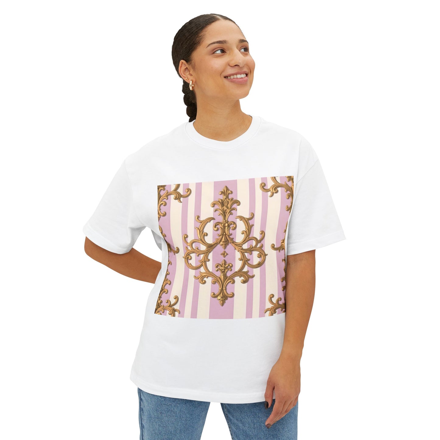 Chic Oversized Boxy Tee for Stylish Comfort, Casual Wear, Graphic Tee, Trendy Fashion, Gifts for Her - Lilac & Alabaster Striped Gold Baroque