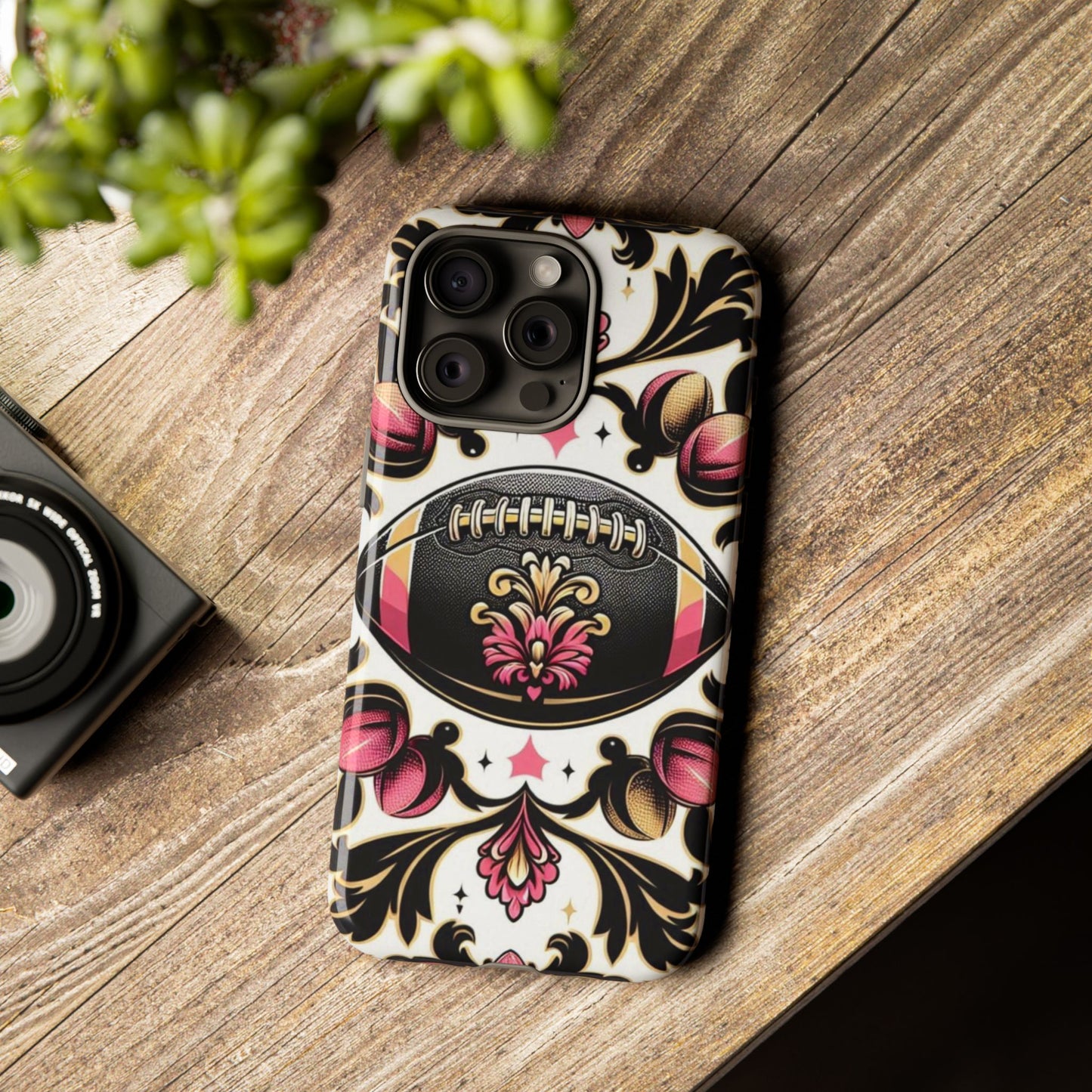 Elegant Floral Motif Phone Case - Tough Cases with Vintage Design - Damask White, Pink Gold & Black Football