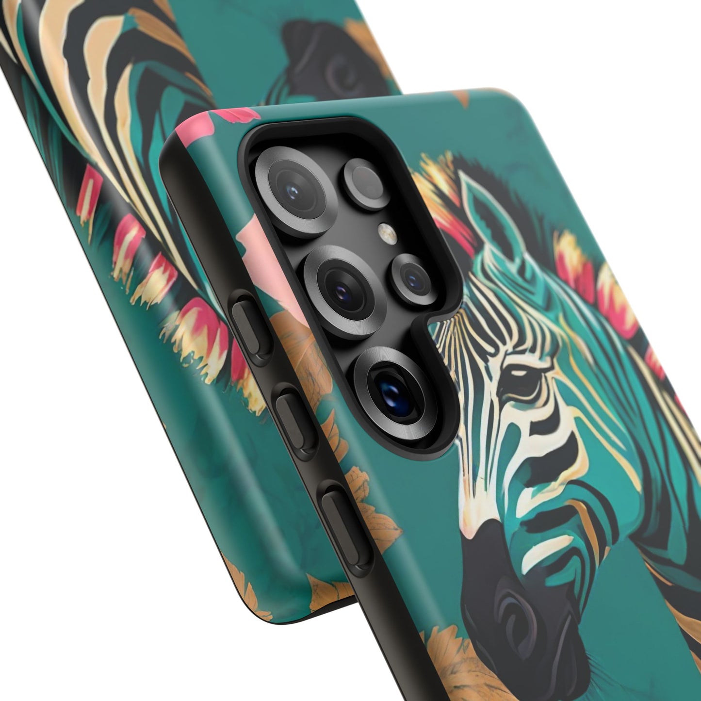 Phone Case - Elegant Teal & Gold Zebra & Roses Design