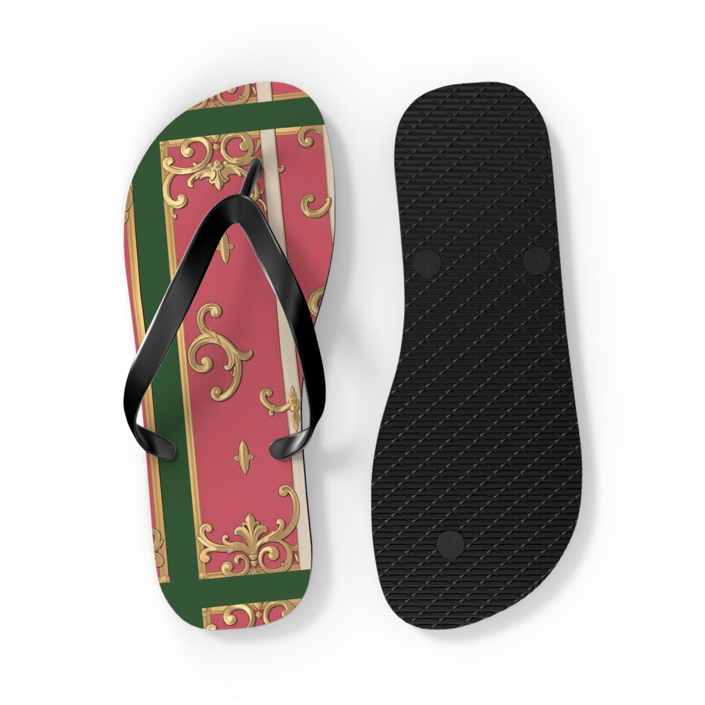 Elegant Green Border Pink Striped Baroque Flip Flops, Summer Footwear, Vacation Sandals, Beach Accessories, Stylish Thong Slippers