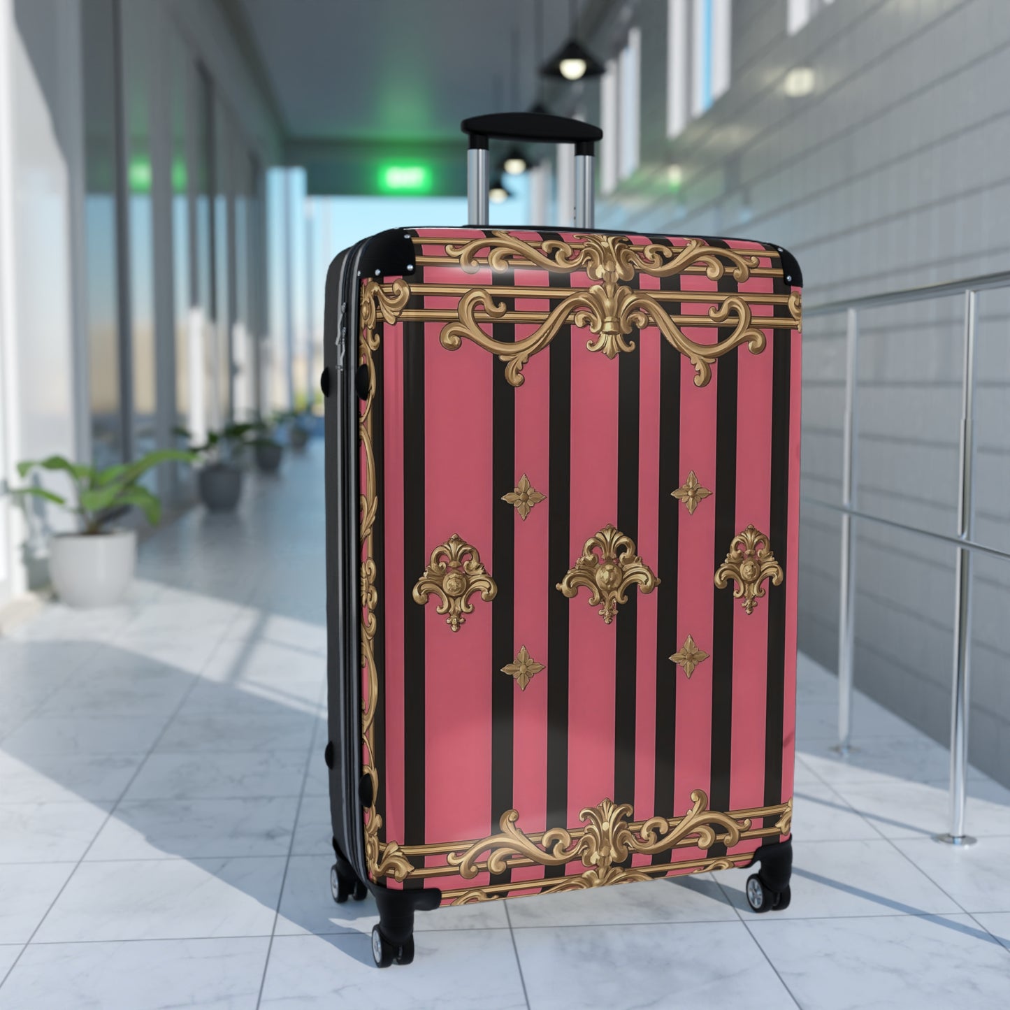 Chic Travel Suitcase for Fashionable Adventurers - Stylish Luggage, Pink Travel Bag, Unique Suitcase, Trendy Carry-On - Pink Striped Gold Rococo