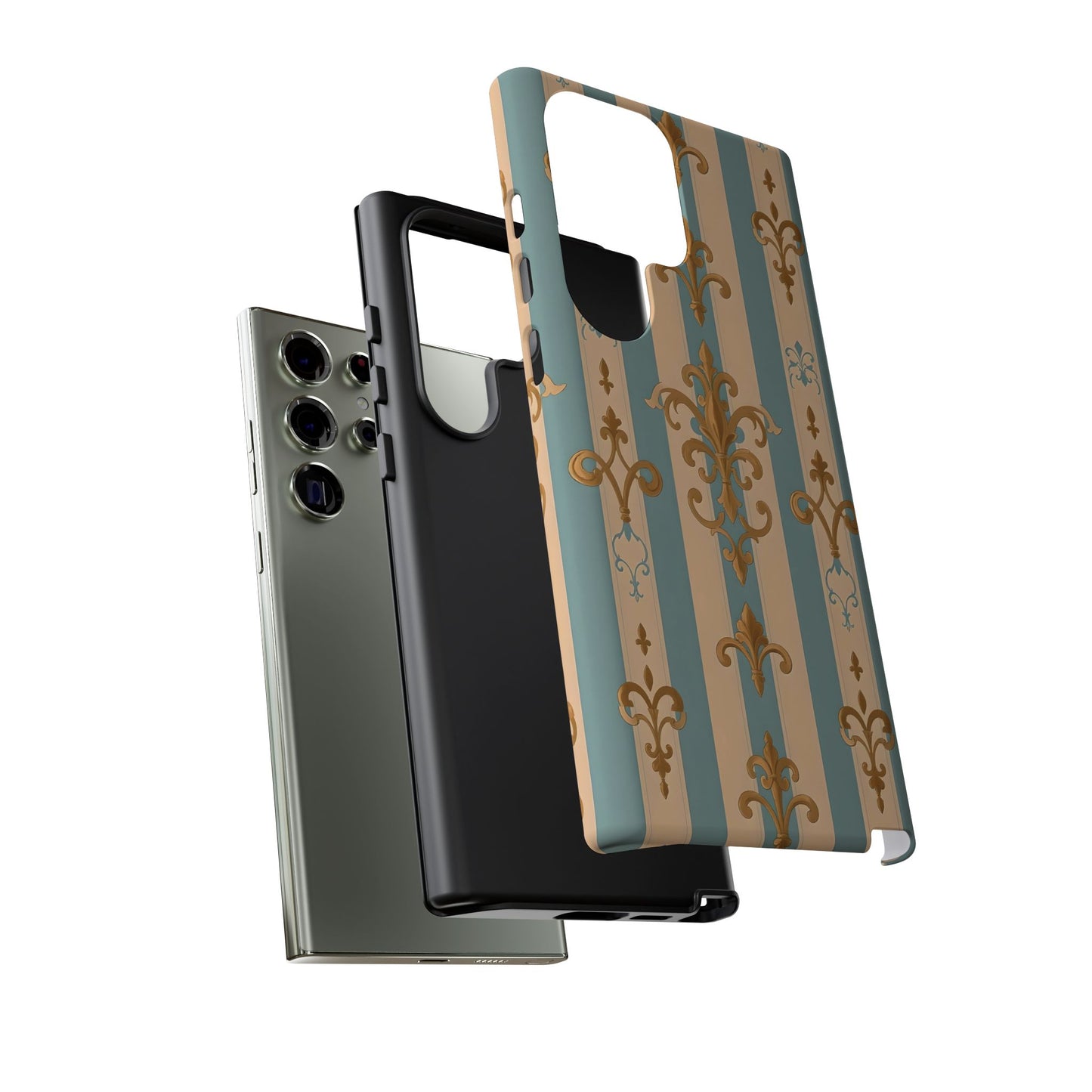Elegant Floral Motif Phone Case - Tough Cases with Vintage Design -  Beige & Sky Blue Striped Gold Damask
