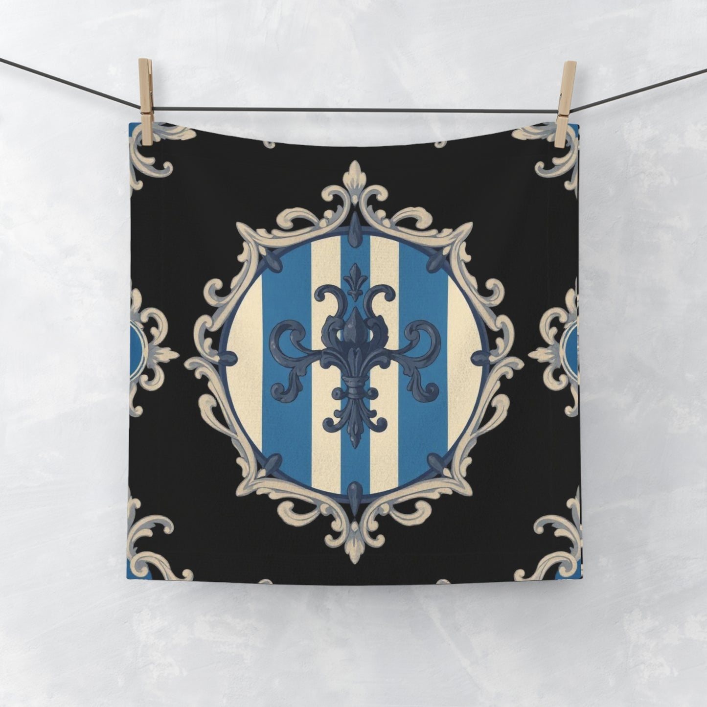 Elegant Blue & Alabaster Striped Baroque Decorative Face Towel, Unique Gift for Home, Luxury Bathroom Towel, Perfect for Weddings, Spa Days