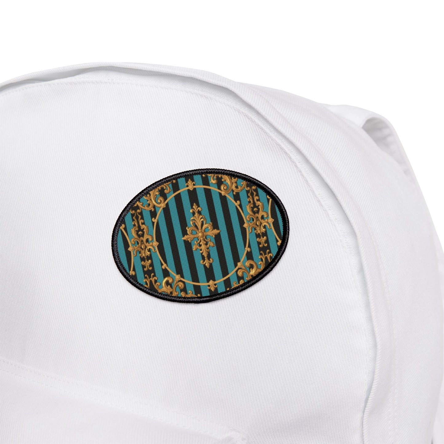 Turquoise & Black Striped Gold Baroque Iron-On Patches for Jackets, Bags, and DIY Projects | Retro Fashion, Unique Gifts