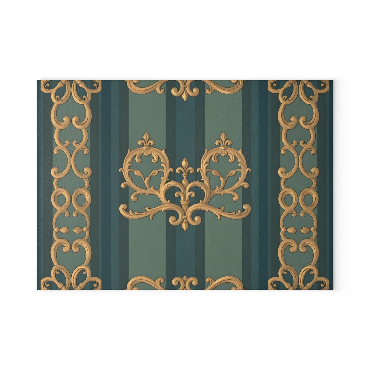 Elegant Vintage Glass Cutting Board with Ornate Design - Smoky Blue & Teal Striped Baroque
