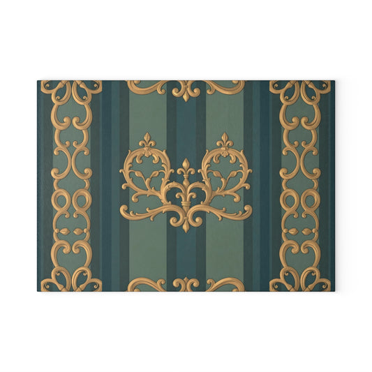 Elegant Vintage Glass Cutting Board with Ornate Design - Smoky Blue & Teal Striped Baroque