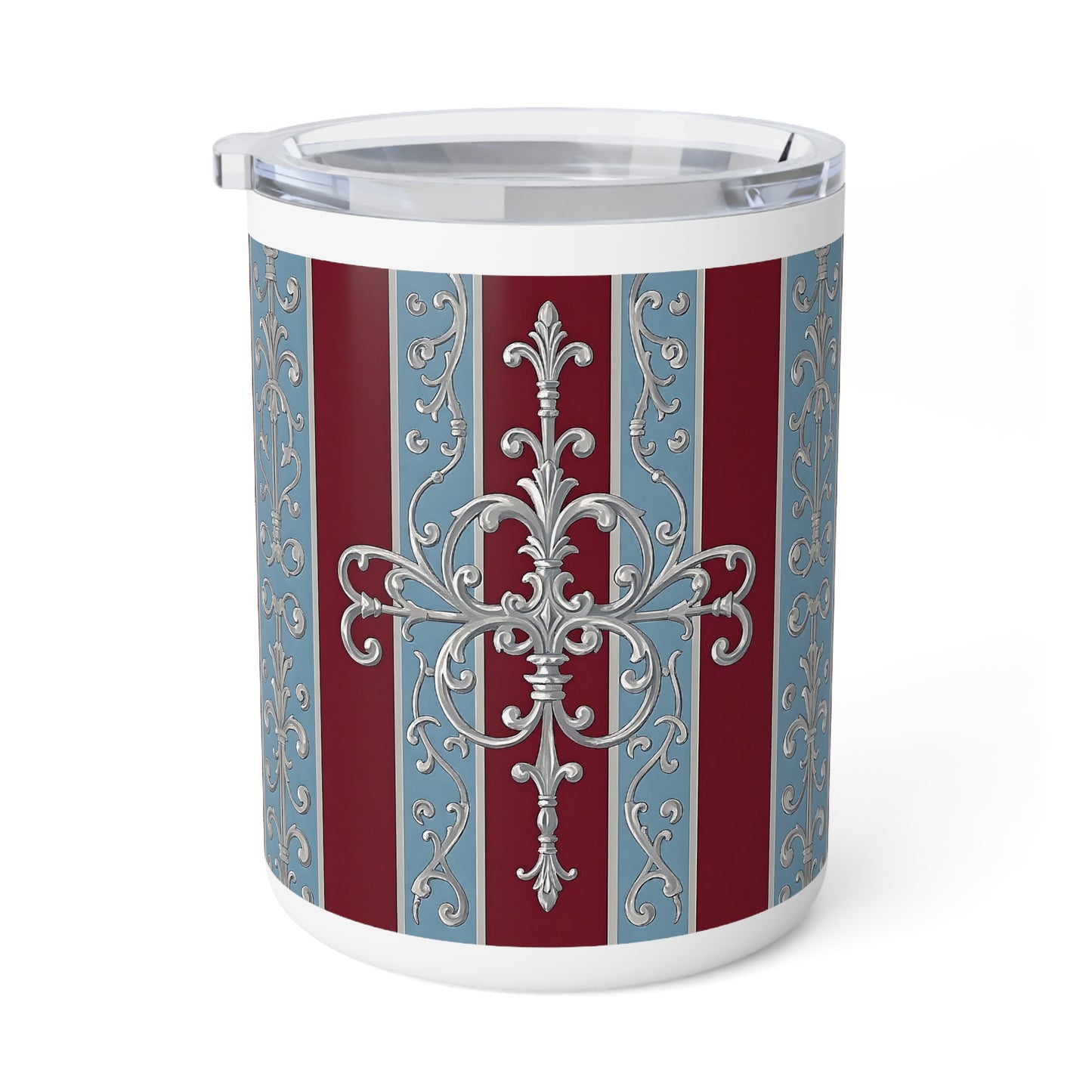 Elegant Insulated Coffee Mug - 10oz Decorative Travel Cup - Ice Blue & Burgundy Striped Baroque