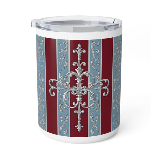 Elegant Insulated Coffee Mug - 10oz Decorative Travel Cup - Ice Blue & Burgundy Striped Baroque