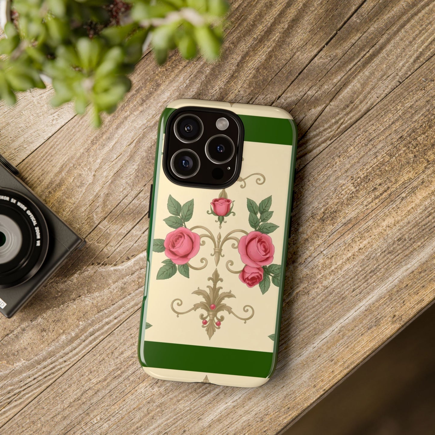 Elegant Floral Motif Phone Case - Tough Cases with Vintage Design - Green Border Roses & Damask