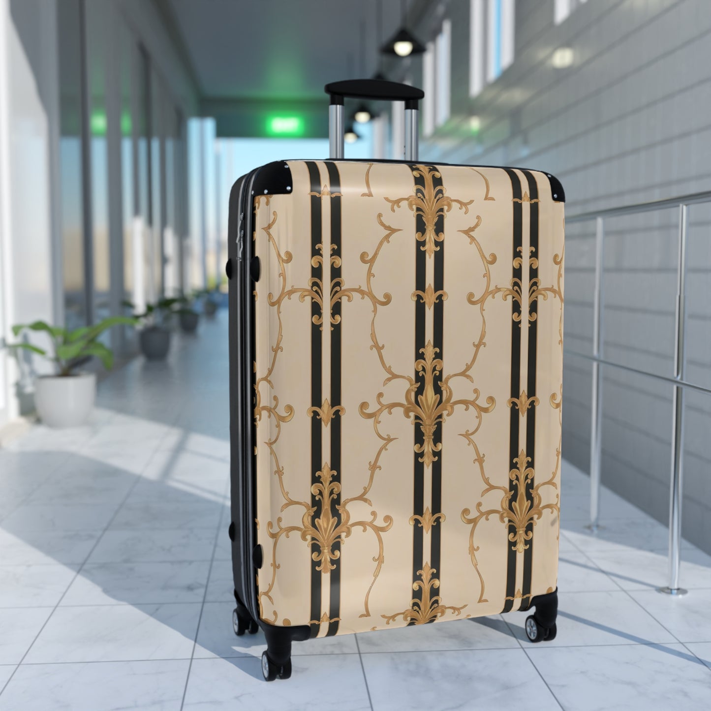 Elegant Travel Suitcase - Stylish Luggage for Adventurers, Travel Enthusiasts, Fashion Design Lovers - Black & Beige Striped Damask