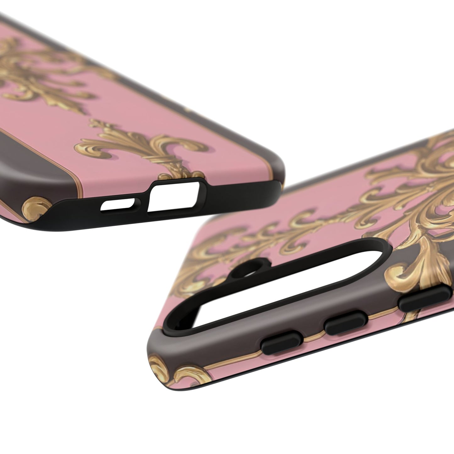 Elegant Floral Motif Phone Case - Tough Cases with Vintage Design - Pink & Brown Striped Gold Damask