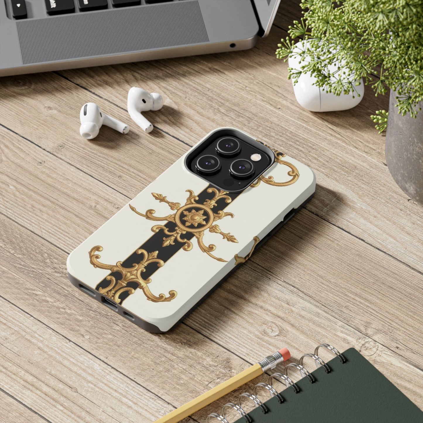 Elegant Baroque Tough Phone Case | Stylish Protection for Your Device, Gift for Her, Phone Accessories - Black & White Striped Gold Baroque