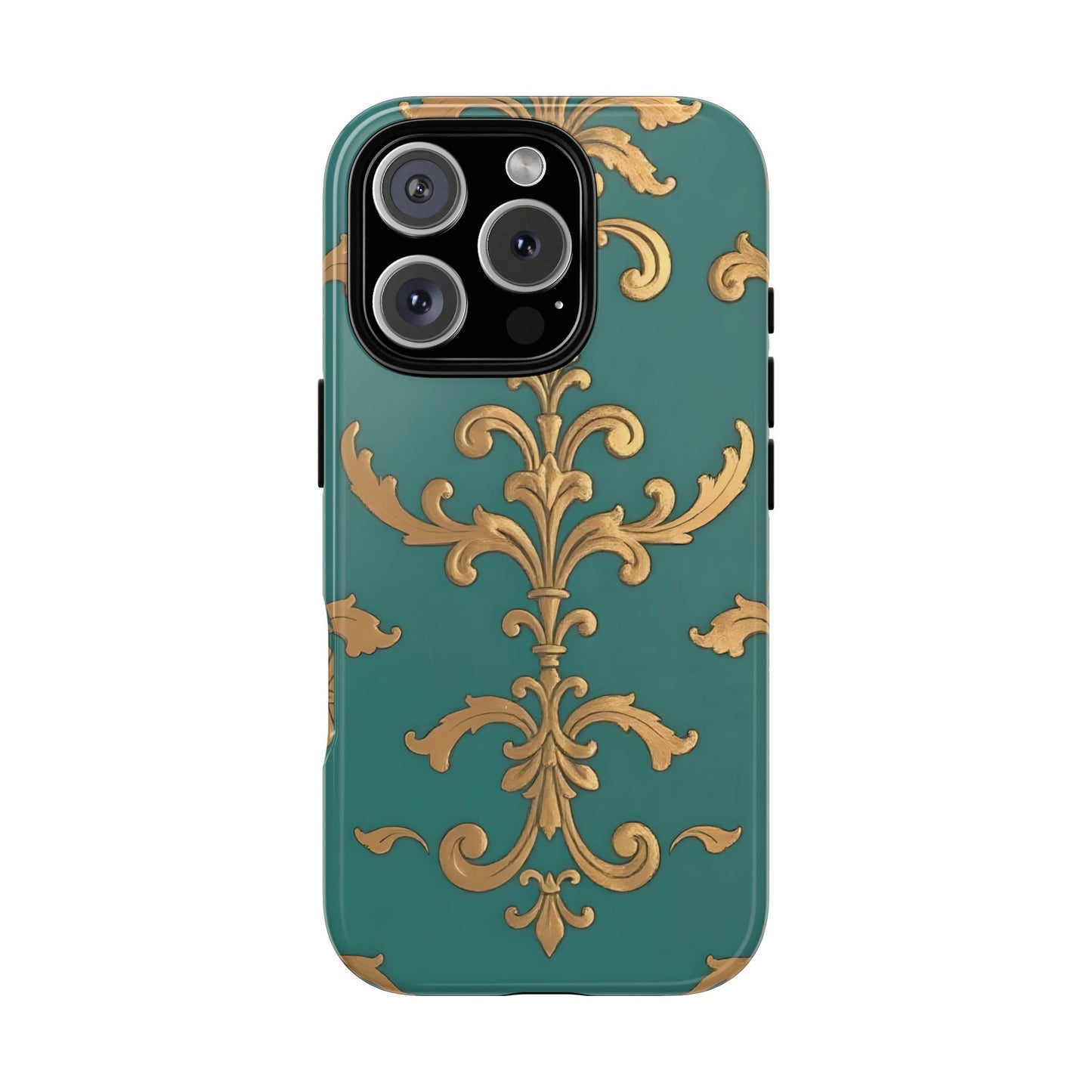 Elegant Floral Motif Phone Case - Tough Cases with Vintage Design - Aqua & Gold Damask