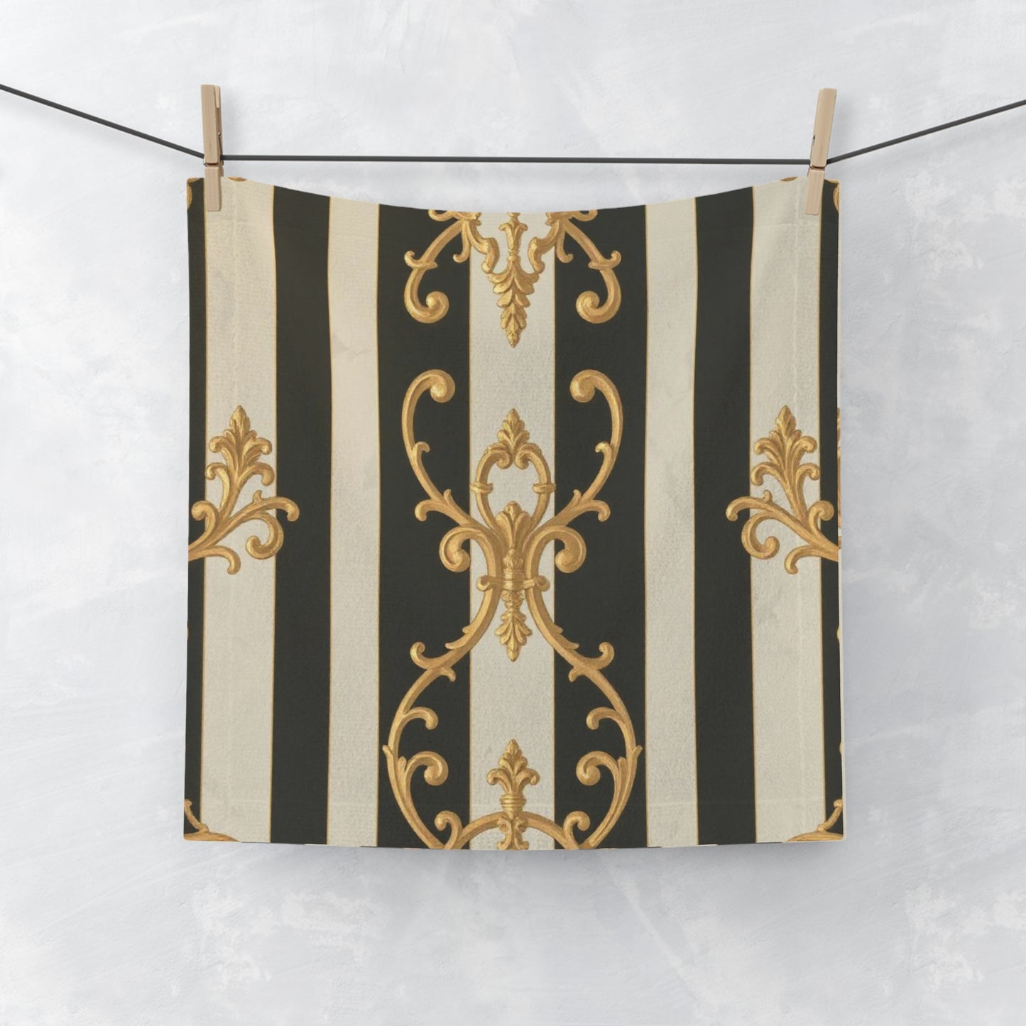 Elegant  Black and Alabaster Striped Baroque Face Towel for Spa Days, Bathroom Decor, Gift for Her, Luxe Home Accessories