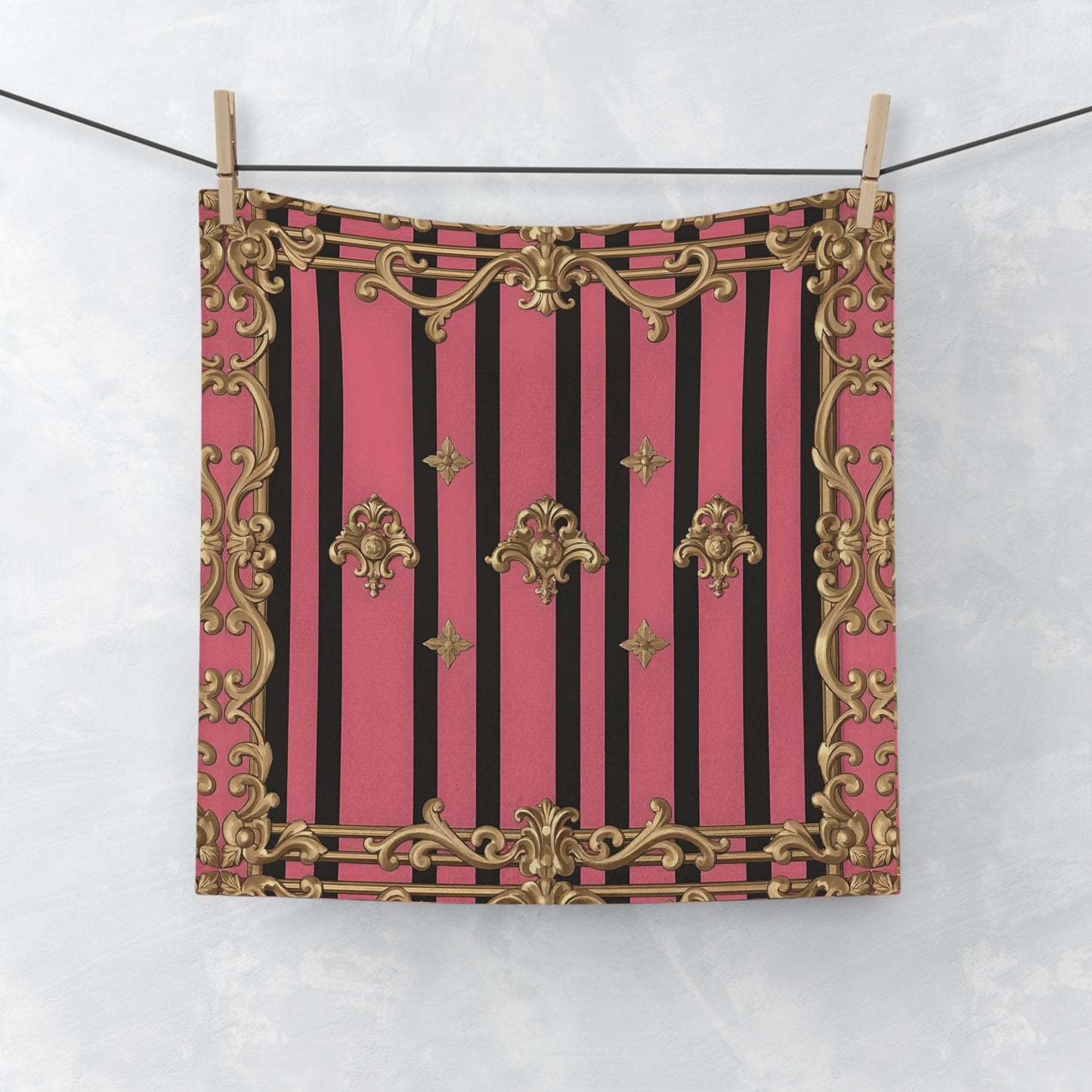 Chic Decorative Face Towel - Luxurious Pink and Gold Design, Spa Essentials, Home Décor, Gift for Her, Bridal Shower Decor - Pink Striped Gold Rococo