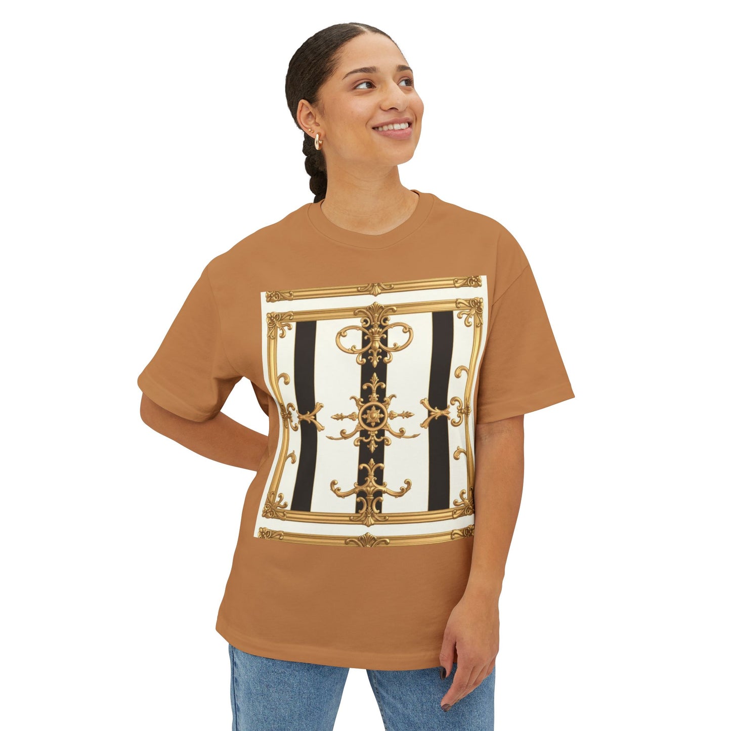 Chic Oversized Boxy Tee with Elegant Gold Design, Fashion T-Shirt, Streetwear Top, Casual Wear - Black & White Striped Gold Baroque