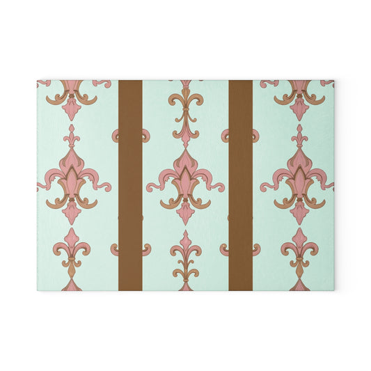 Elegant Floral Glass Cutting Board | Kitchen Decor, Wedding Gift, Home Cooking, Housewarming, Stylish Chopping Board - Brown Striped Pink Arabesque