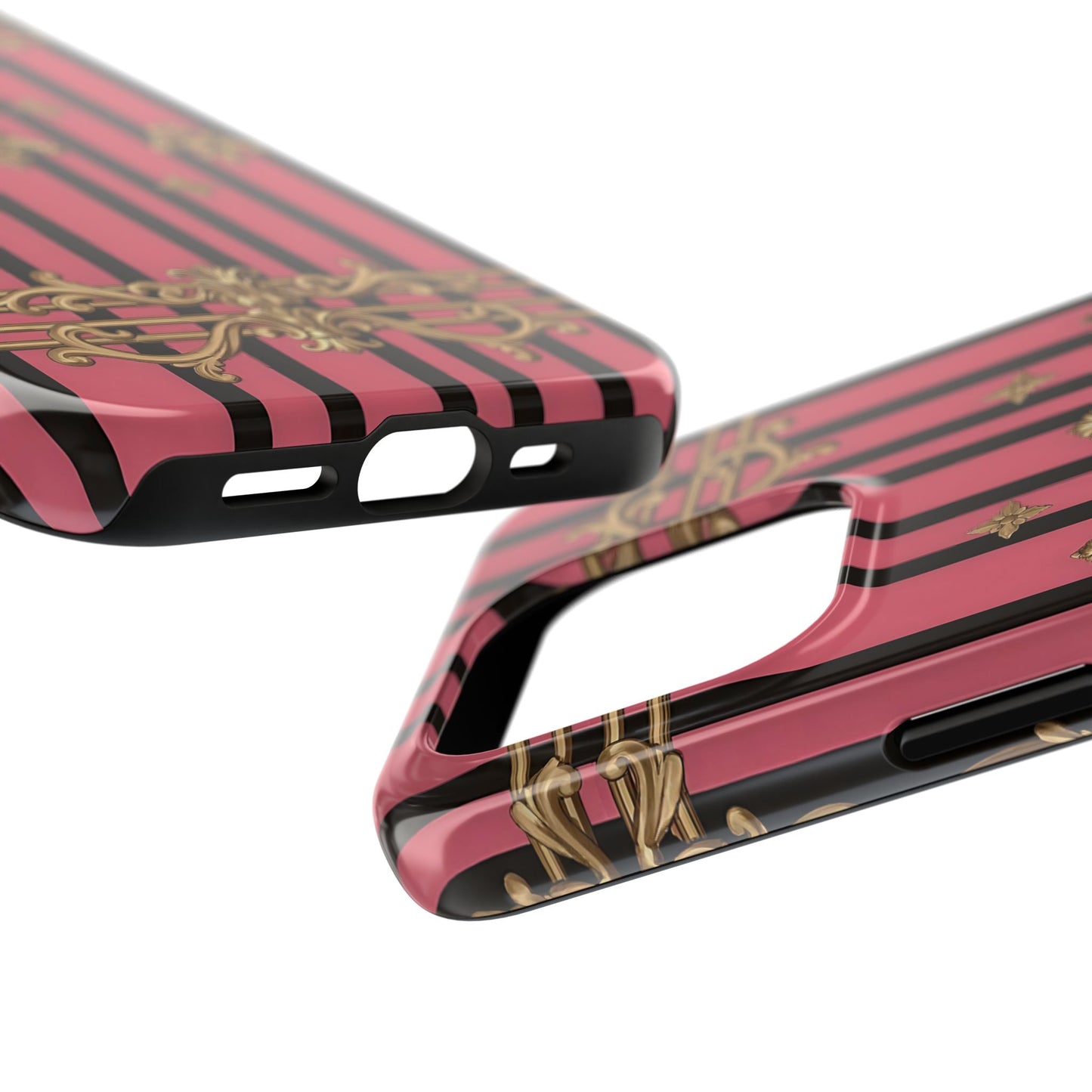 Elegant Floral Phone Cases, Stylish Protective Case for Trendy Individuals, Unique Gift for Tech Lovers, Phone Accessories - Pink Striped Gold Rococo