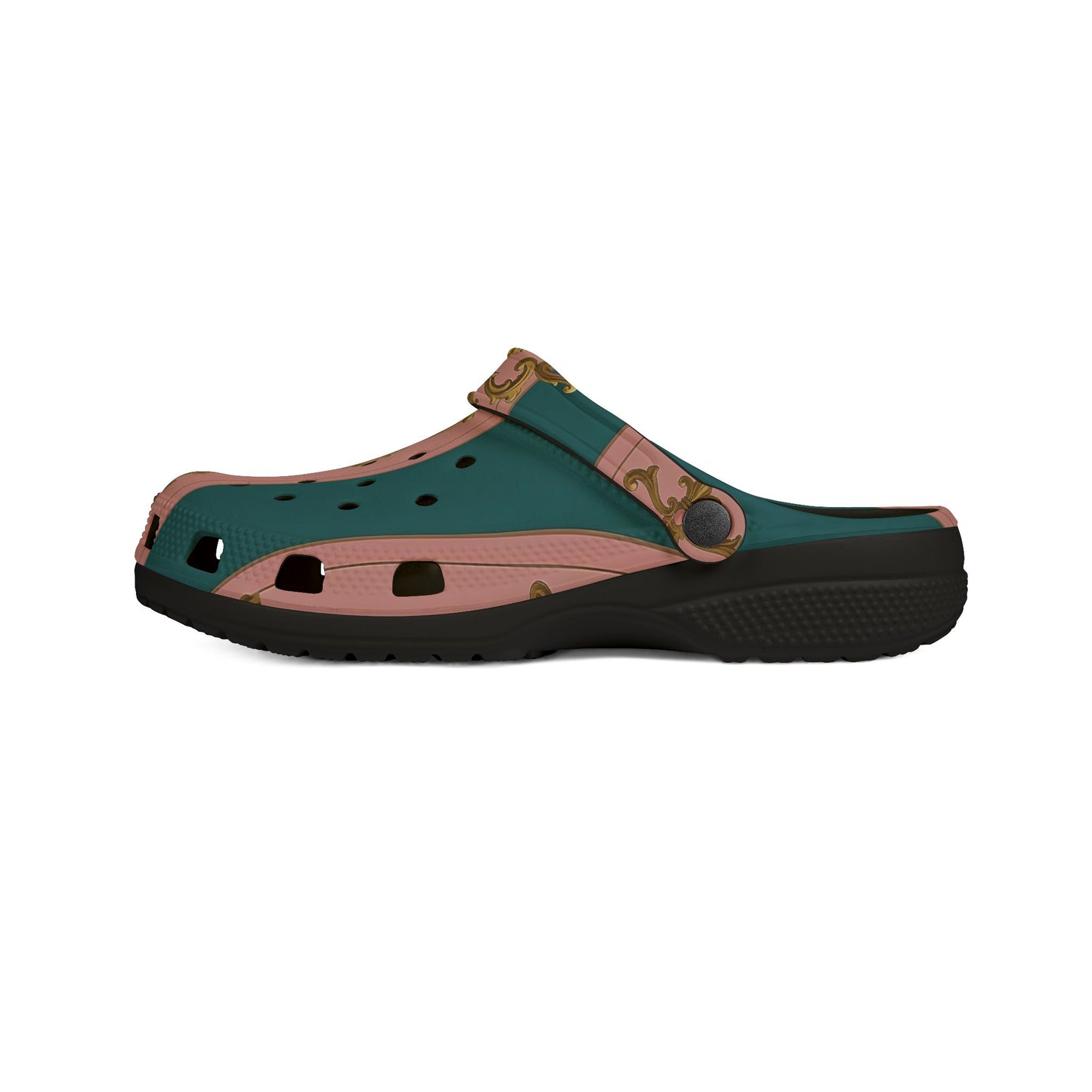 Stylish EVA Foam Rubber Shoes with Elegant Floral Design, Comfortable Clogs for Everyday Wear - Pink & Teal Striped Gold Baroque