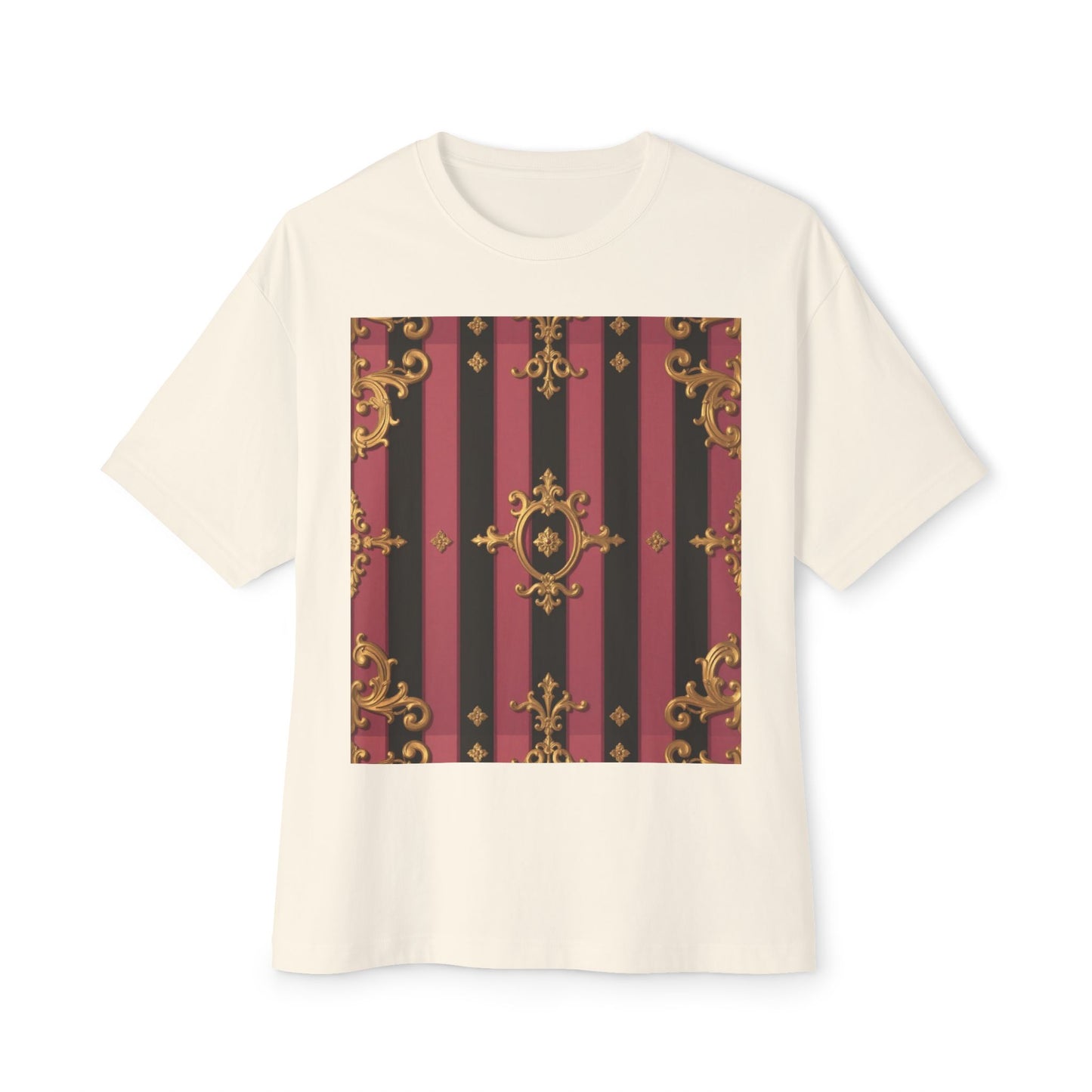 Stylish Black & Mauve Striped Gold Baroque Oversized Tee - Chic Statement Top, Casual Fashion, Perfect for Festivals