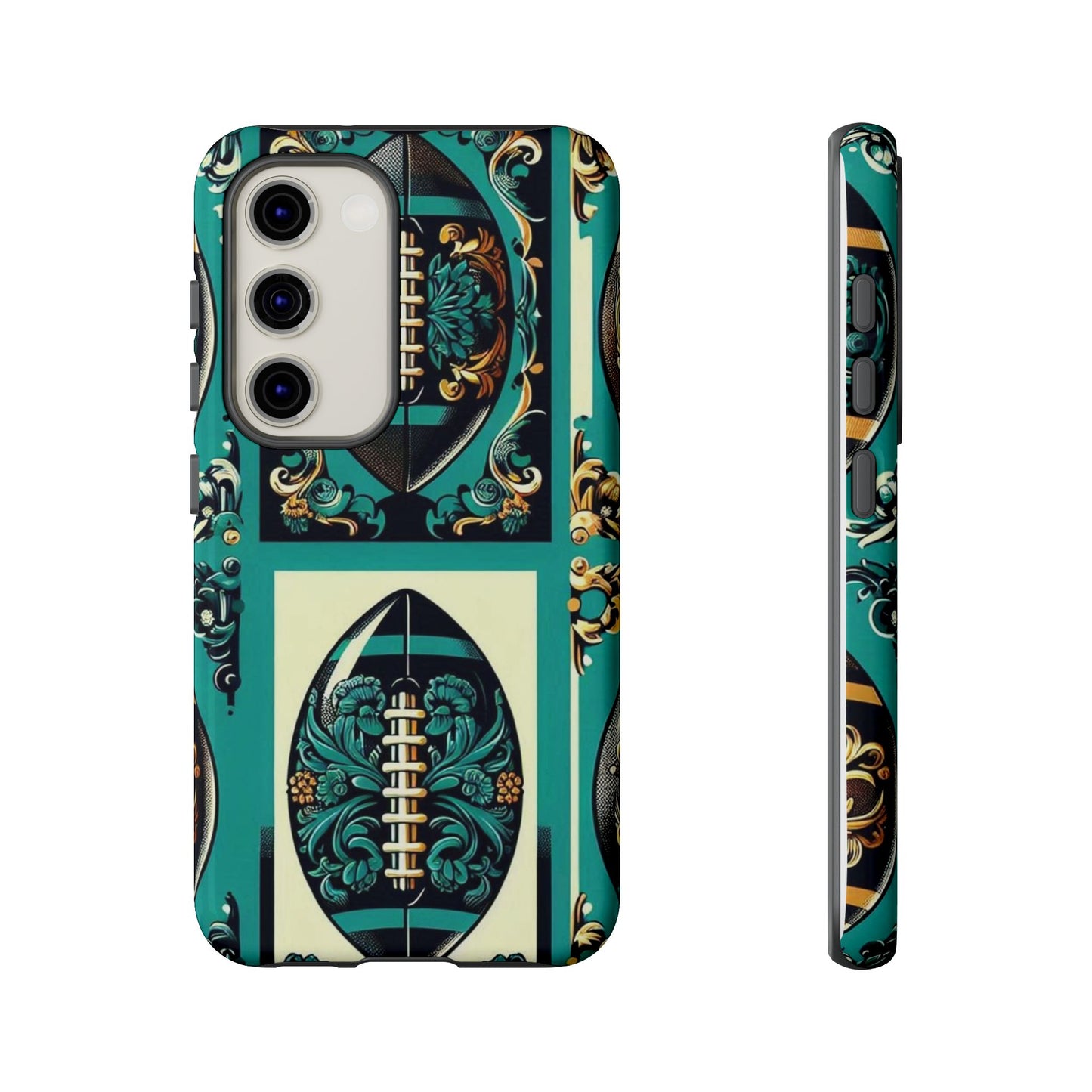 Elegant Floral Motif Phone Case - Tough Cases with Vintage Design -  Damask Teal, Gold & Black Footballs